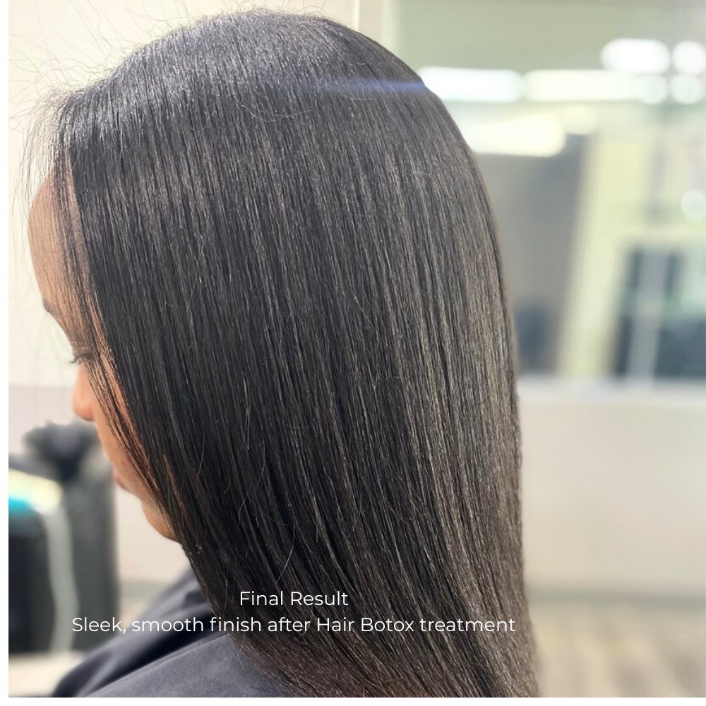 Hair Botox Treatment In Edmonton Smooth, sleek finish after Hair Botox treatment in Edmonton without permanent straightening.